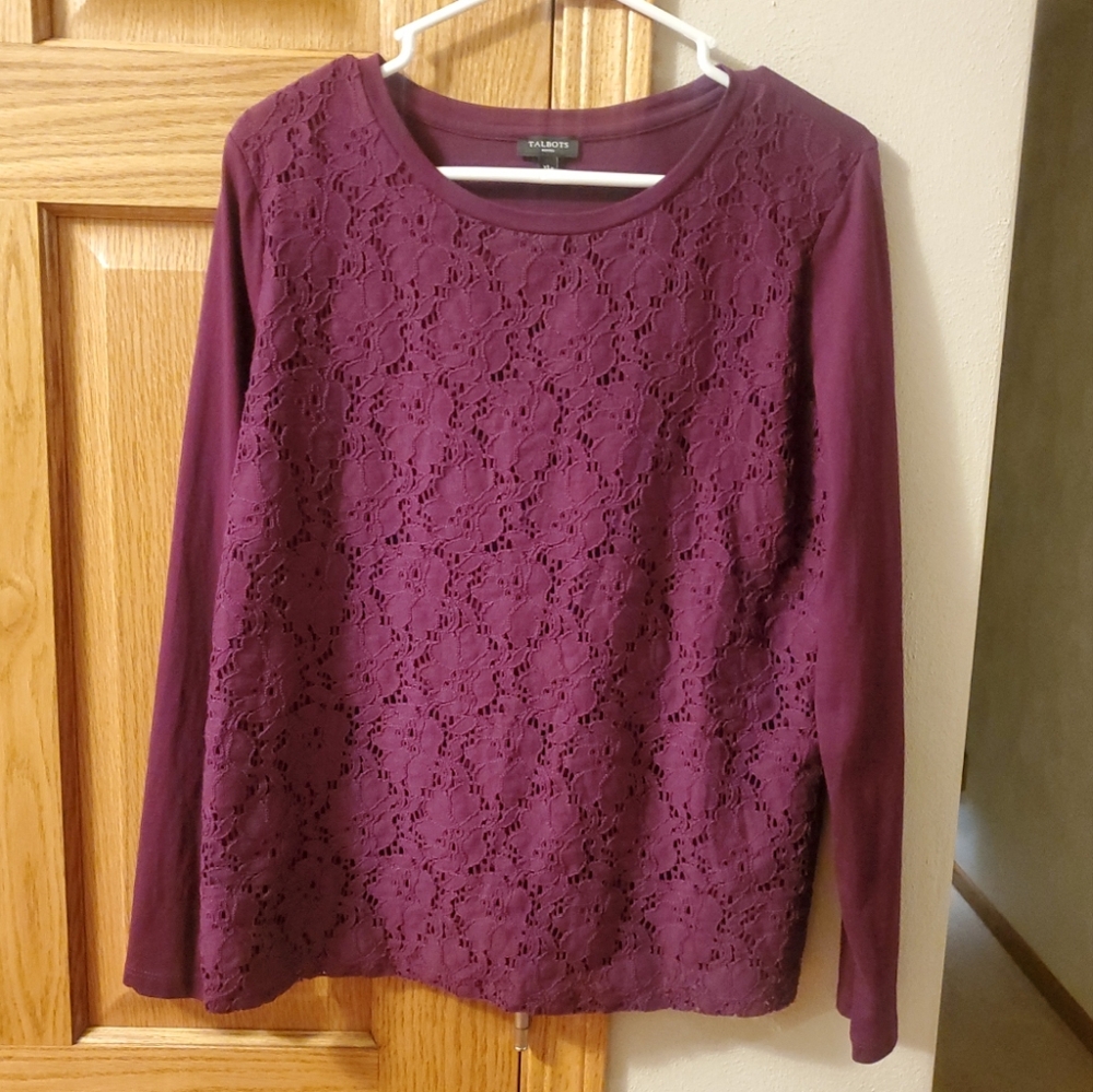 Talbots Women’s XL Petite Purple Burgundy Flower Floral Lace Front Blouse Shirt